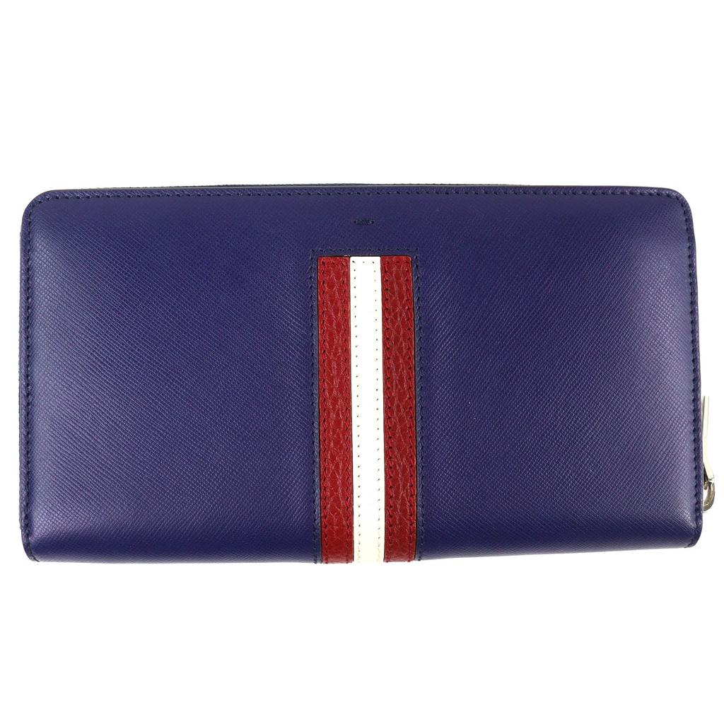 Excellent BALLY SALEN.S Metal Logo Bally Stripe Zip Around Leather Long Wallet Used