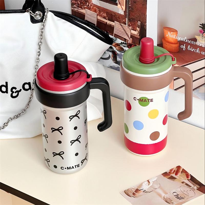 Large Capacity Cute Insulated Mug, 1000Ml Tumbler With Handle And Straw Lid, Stainless Steel Sports Water Bottle