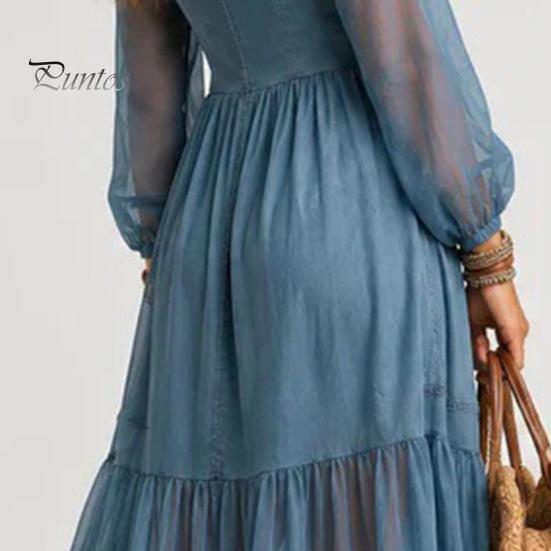 Versatile Women Dress Faux Denim Maxi Dress, Mesh Patchwork Long Sleeve Button Party Casual Down Shirt Loose Vintage Summer Simple Style