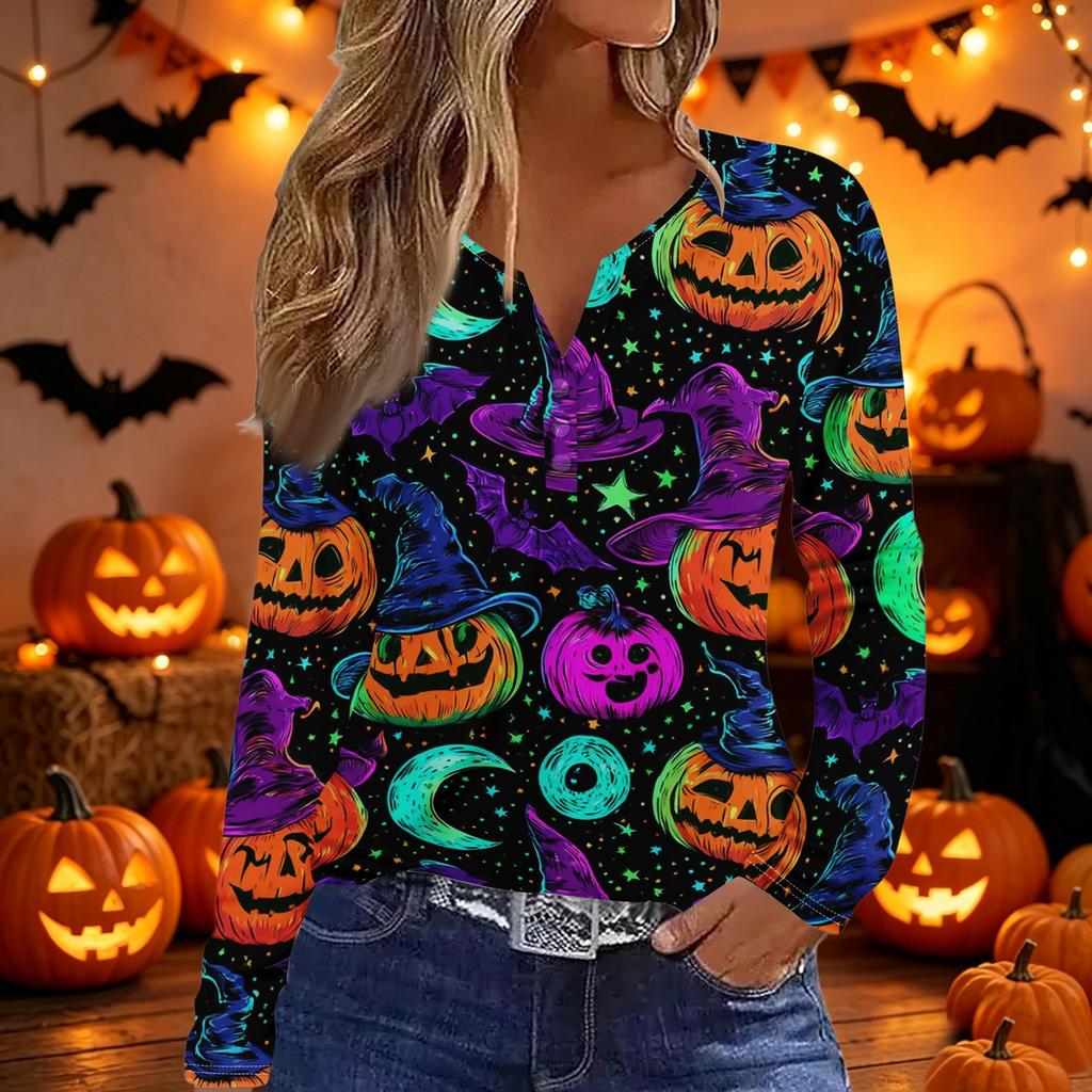 Womens Casual Long Sleeve V Neck Button Down Top Halloween Print Pullover Shirt Lightweight Comfortable Fit