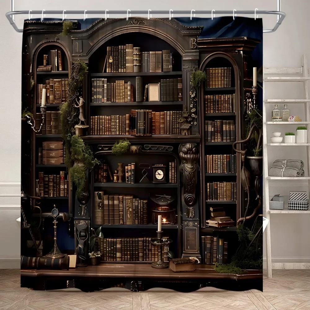 Library Shower Curtain Vintage Old Book Bookshelves Plant Leaves Candles Magic Home Polyester Fabric Bathroom Decor Curtains Set