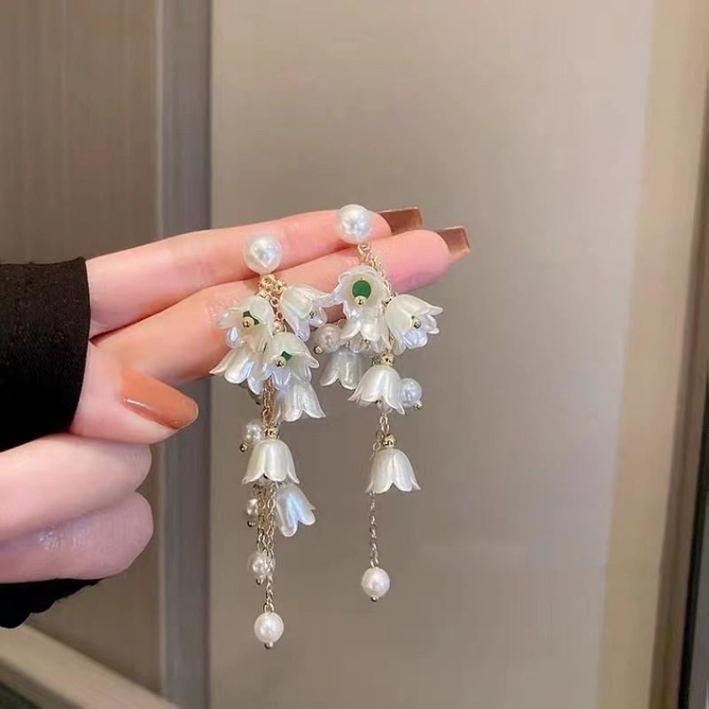 Pearl Orchid Bluebell Long Tassel Earrings for Women - Korean Style, Sweet Floral Design