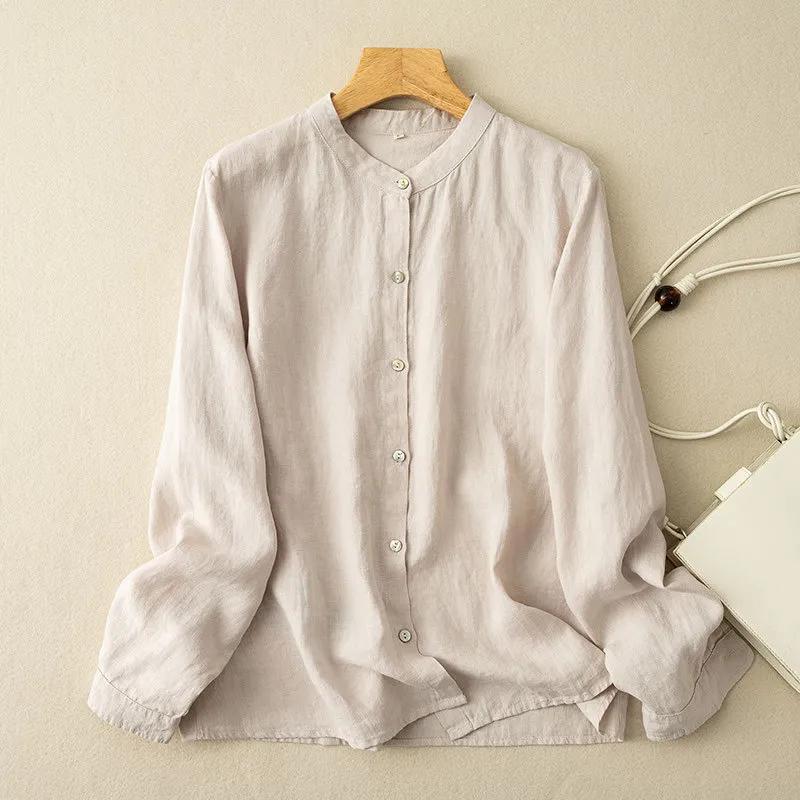 Spring and Summer Retro Loose Cotton Linen Long Sleeved Shirt for Women Item Round Neck Mid Length Shirt Jacket