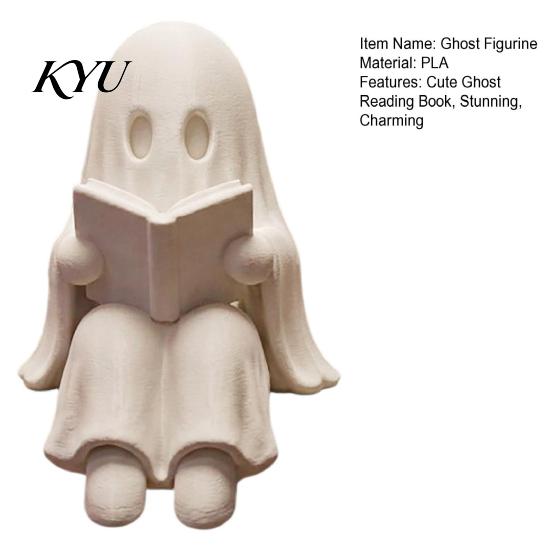 3D Printed Resin Statue Ghost Reading Book Halloween Decoration, Shelf Sitter Statue, Miniature Cute Spooky Sitting Figurine for Bookshelf,
