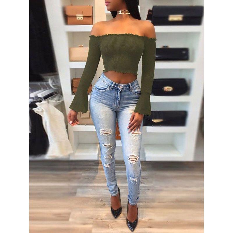 Women Summer Casual Off Shoulder Tank Top Stylish Long Sleeve Crop Top Shirt