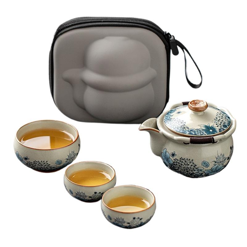 Ru Kiln One Pot Three Cups Outdoor Camping Travel Tea Set Portable Bag Teapot Teacups for One Person Use Fast Guest Cups