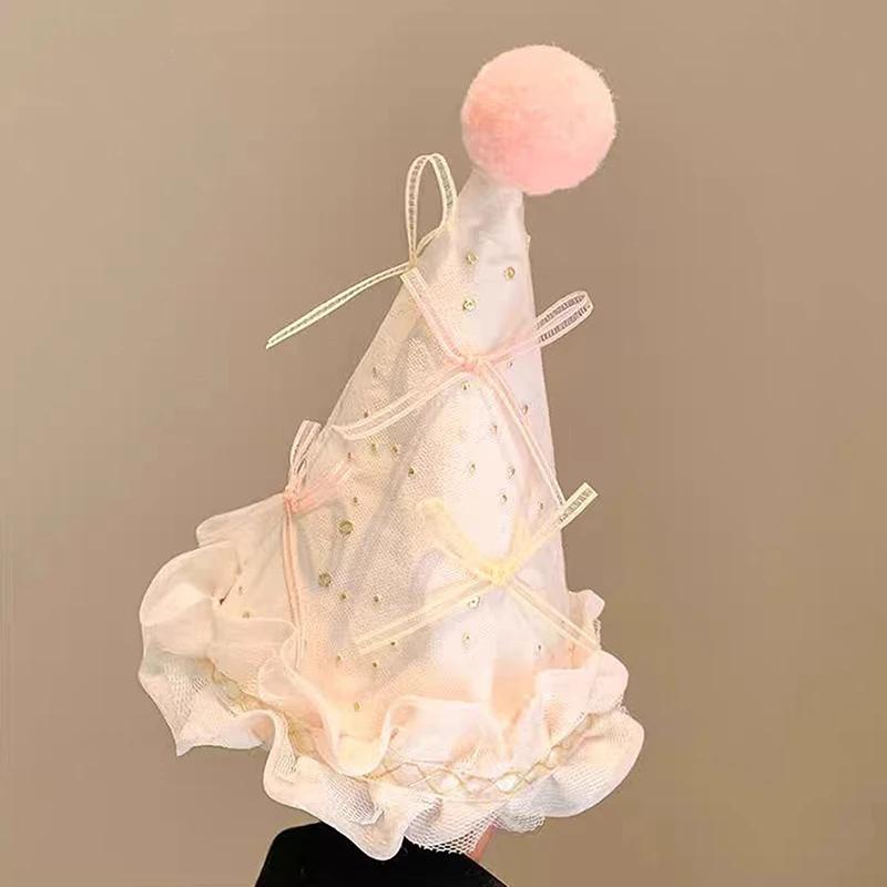 Cute Bow Pompom Birthday Hat Hair Clips Sweet Girl Headwear Party Hair Accessories Kids Photography Props