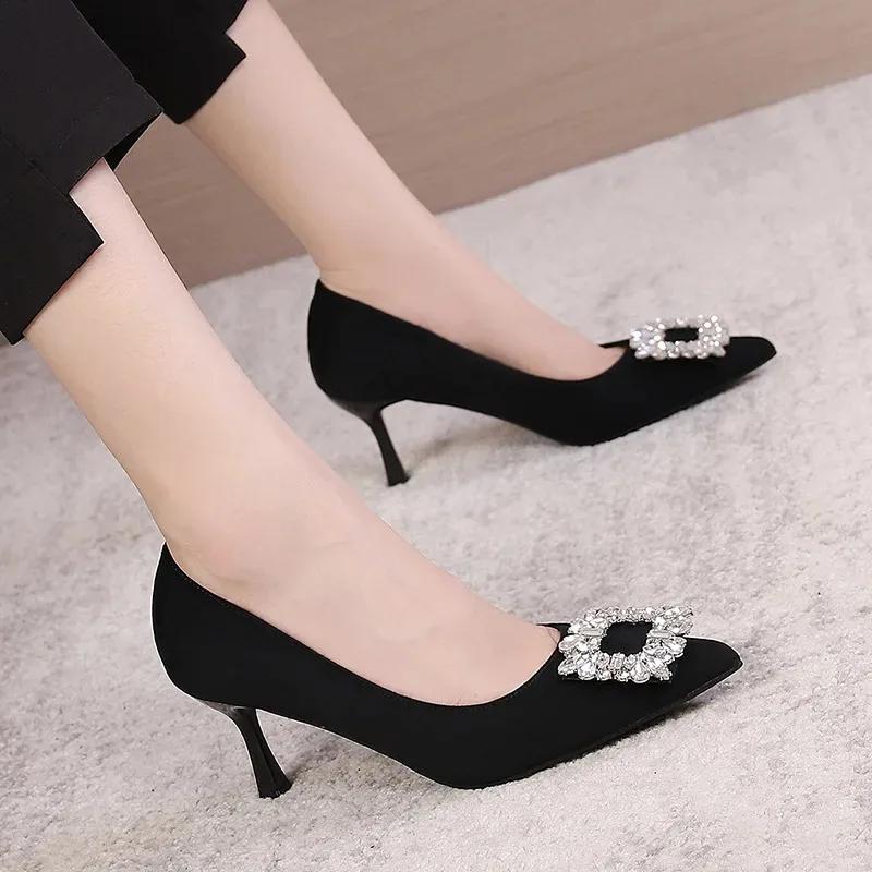 Women Shoes Fashion Rhinestone Square Buckle Bridesmaid Wedding Shoes Solid Flock Pointed Toe Stiletto Pumps French High Heels