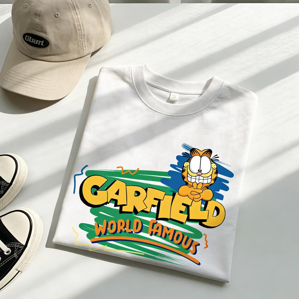 Garfield """FAMOSO IN TUTTO IL MONDO""" T-shirt a maniche corte con stampa di lettere "WORLD FAMOUS", Marchio Streetwear Americano Cotone Pesante Vestibilità Larga Oversize Top per Coppia