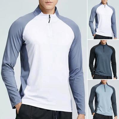 Men Summer Sports T-shirt Half Zipper Stand Collar Contrast Color Long Sleeves Loose Casual Soft Breathable Mid Length Daily Fitness Training Shirt