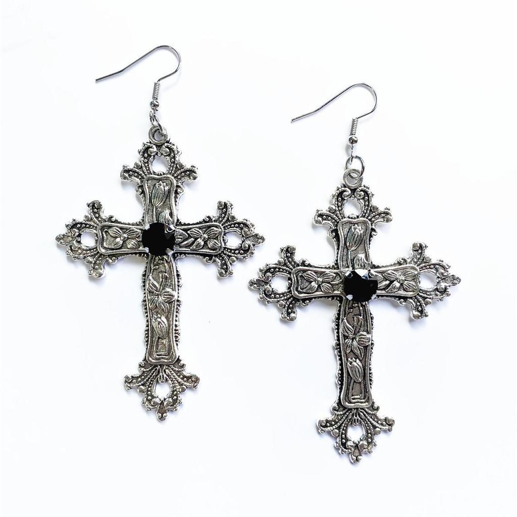 Popular Oversized Rhinestone Cross Earrings - Silver Tone Gothic Punk Fashion