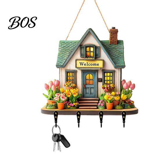 Durable Key Hook Wooden Fairy House Hanging Sign, Cottage Holder Wall Decor with 4 Entryway Storage Hooks, Vintage Flower Rack for Hallway Kitchen