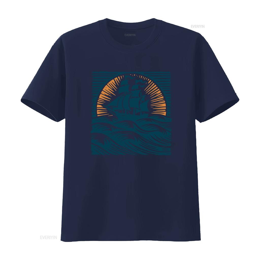Vintage Nautical Sailing Ship Sunset Ocean Wave Print Casual T Shirt Vintage Washed Designer Clothes Stretched Unisex