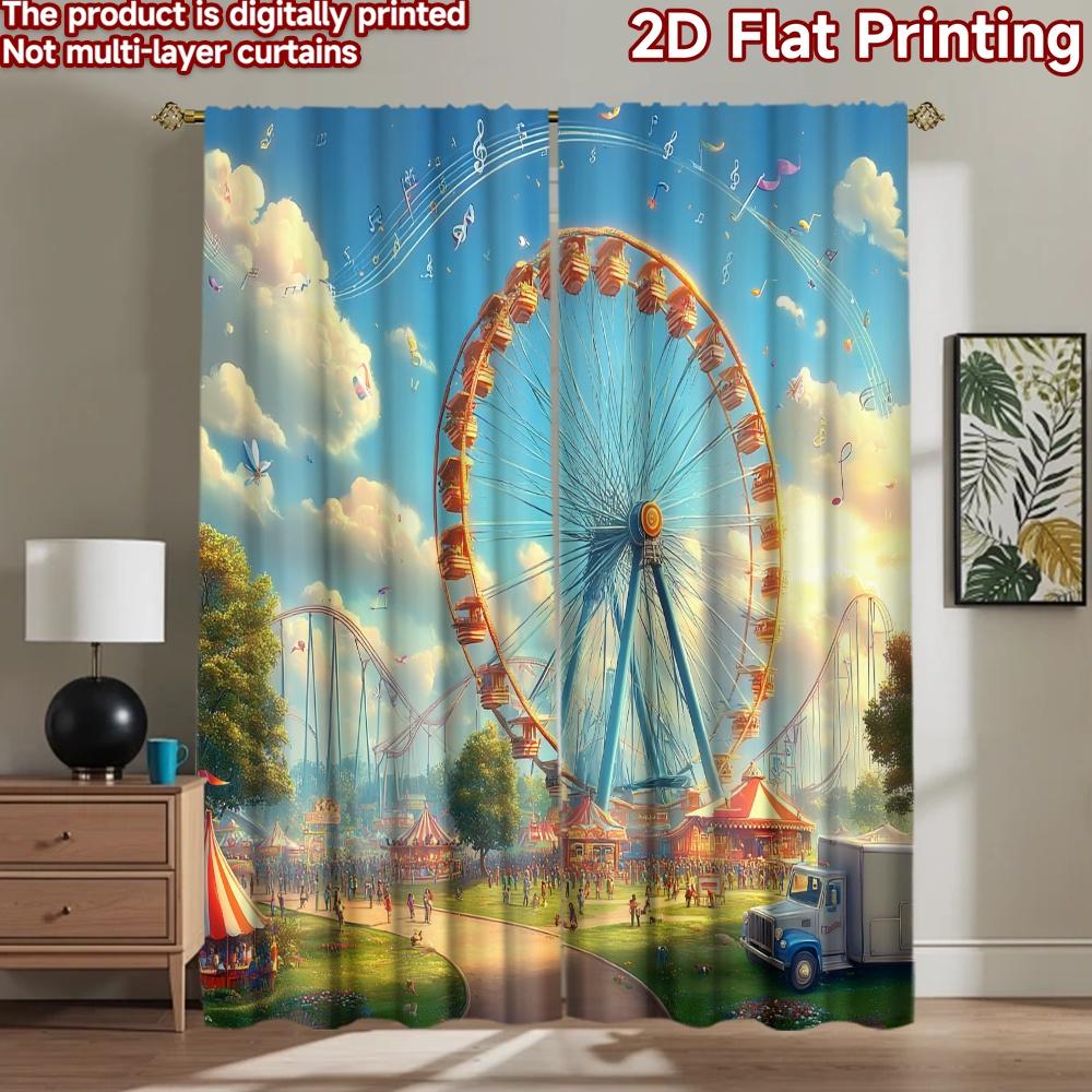 2D Flat Printing 2pcs Curtains Bright Music Carnival Ferris Wheel Digital Printed Polyester Drapes Family Party Use for New Year