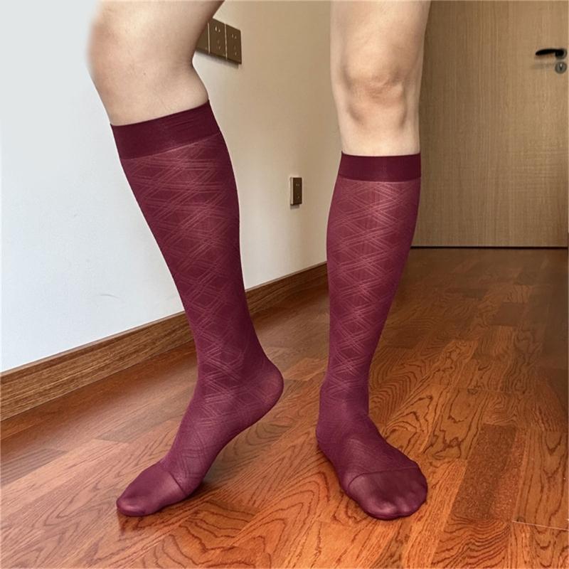 Men's Breathable Nylon Thin Dress Socks with Argyle Pattern Design Middle Calf Business Formal Socks Hosiery Gift