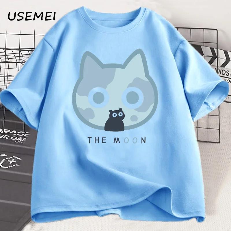 

The Moon Adorable Cute Black Cat T-shirt Men Cartoon Cotton Short Sleeve Tshirt Japanese Style Loose Tee Shirt Unisex Clothing 4XL