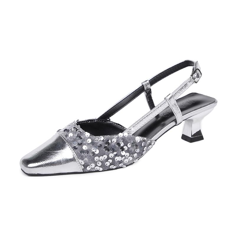 

Fashion Women s Stiletto Sandals Summer New Square Head Sequin Cloth Line with Anti-slip Wear-resistant Low Heel Shoes 35 серебряный