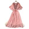 French gentle wind heavy industry embroidery V-neck dress women's summer short sleeves waist thin A word holiday style long dress