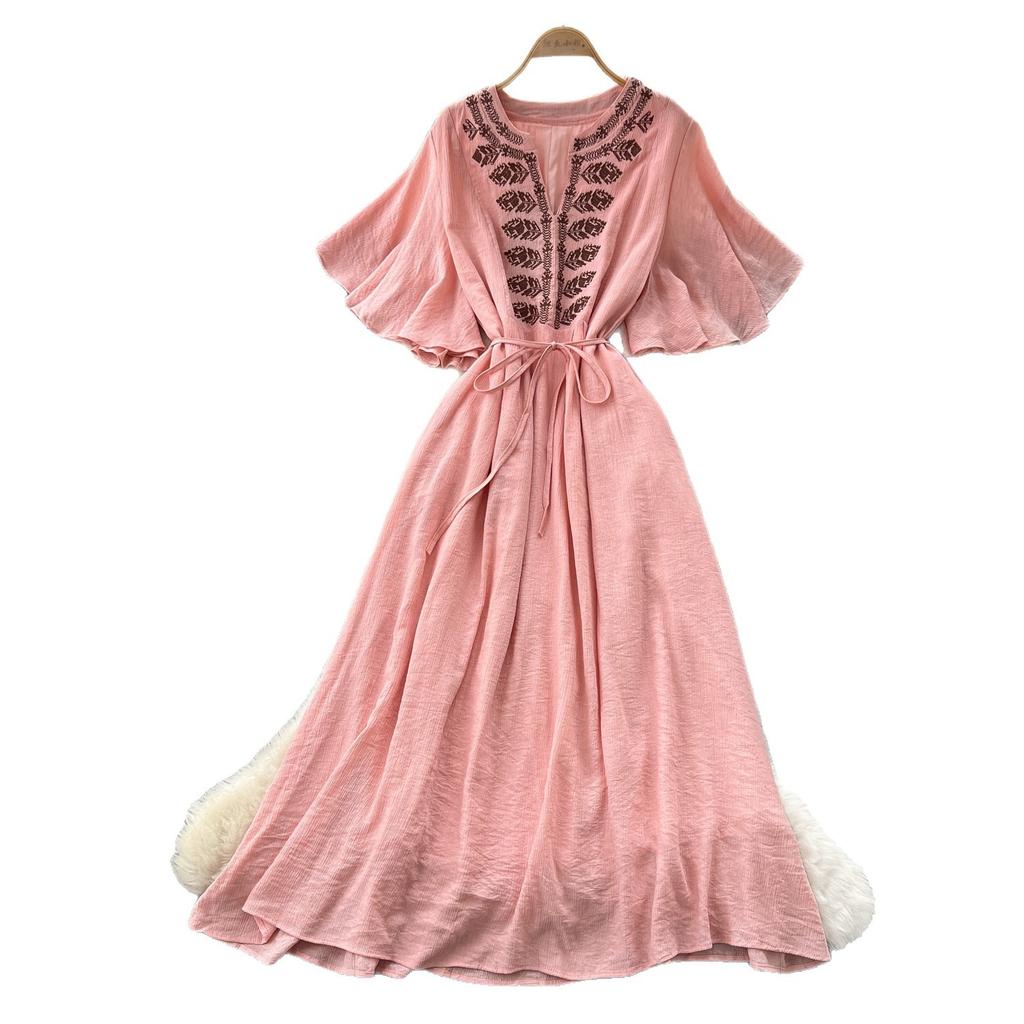 French gentle wind heavy industry embroidery V-neck dress women's summer short sleeves waist thin A word holiday style long dress