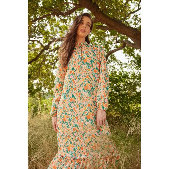 Fusta cu jumătate de guler cu flori portocalii Rochie cu volan lat