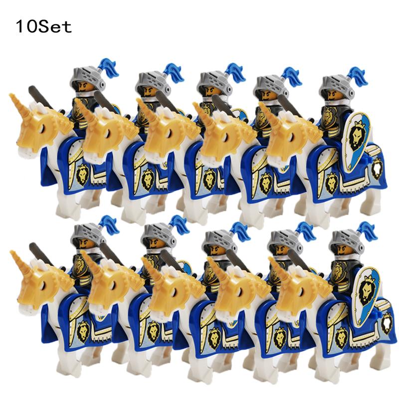 10 Sets Medieval Castle Knight Royal King's Red Dragon Black Warrior Soldier Rider with Horse Building Blocks Toys for Children