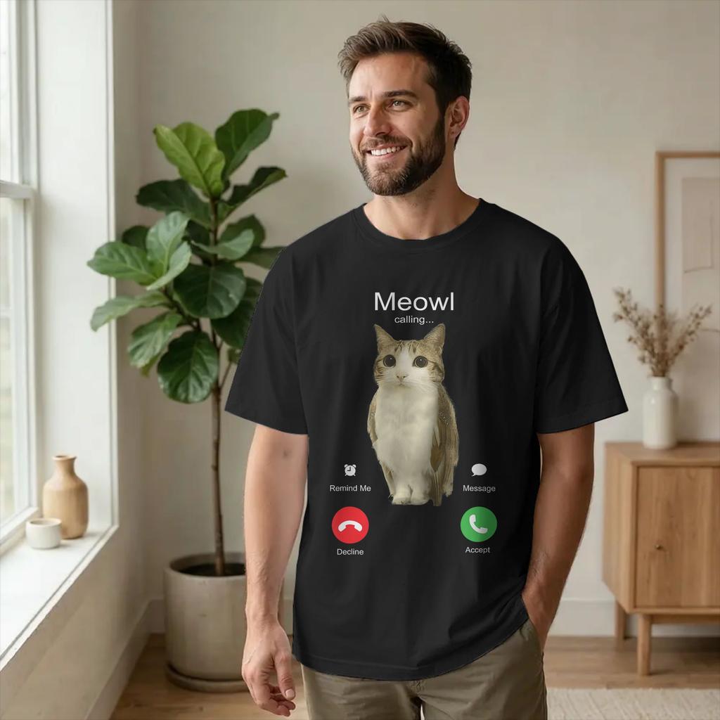 Men Meowl Phone Calling Funny Joke T Shirts Brainrot Calling Pure Cotton Clothing Vintage Short