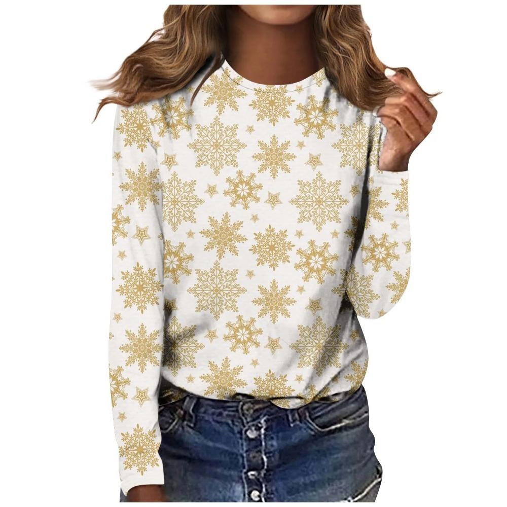 Christmas Snowflake Tree Long-sleeve T-shirt, Fashionable Casual Crew Neck Women's Wear, Comfortable and Slim-fitting Women's Top.