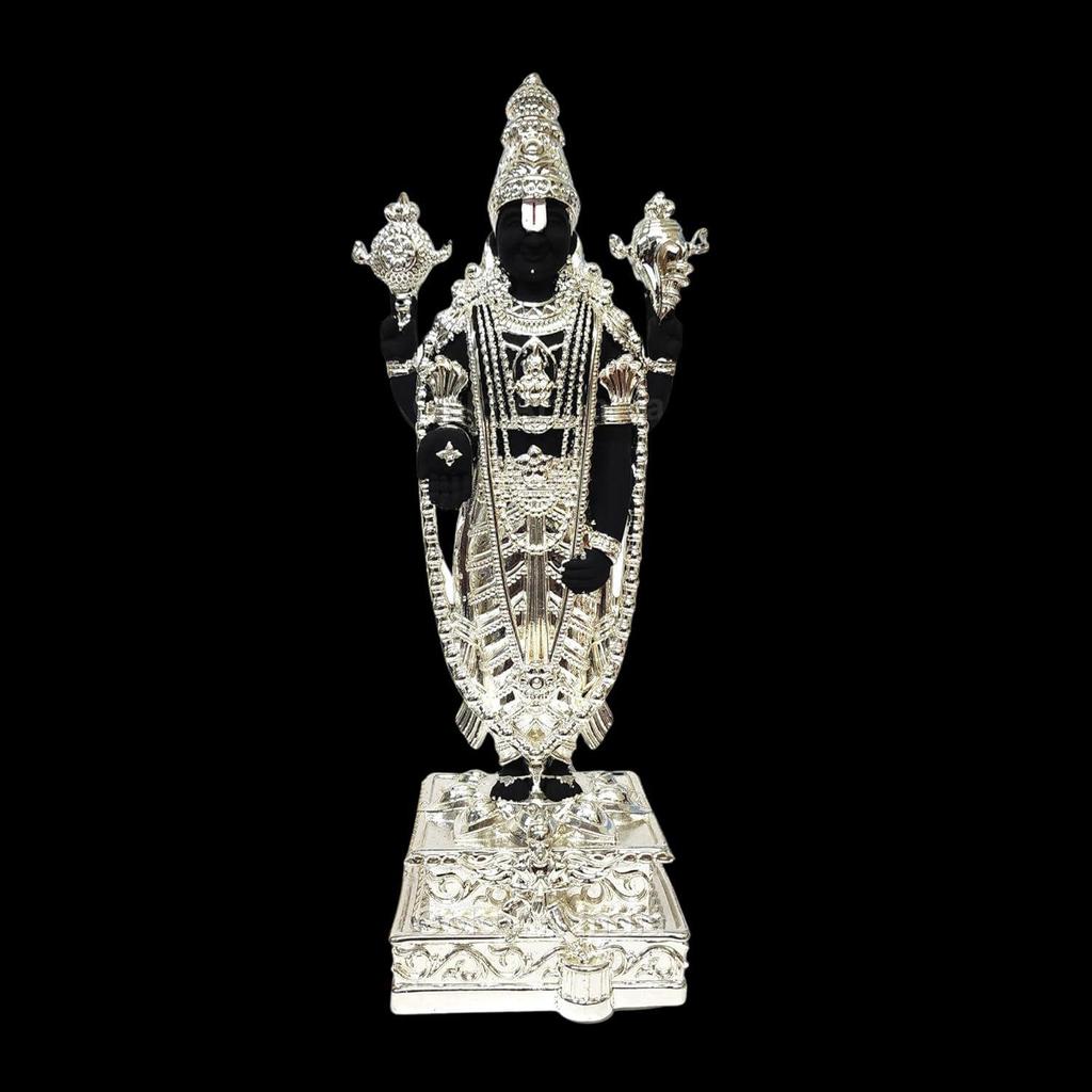 Lord Tirupati Balaji Silver Plated Black Terracotta Idol for Car Dashboard | Vishnu Ji Idol for Office Desk |