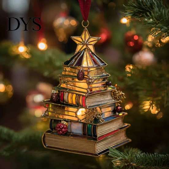 Decorative Xmas Ornaments for Fireplace Christmas Tree Book Ornament, Acrylic Shaped Stack Hanging Decoration Wall Decorations with Star Topper,