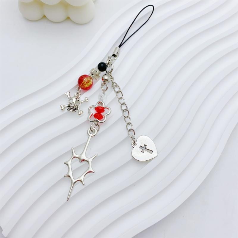 Herz-Kruzifix und Blume Handyband Handgemacht Perlen Schlüsselanhänger Charm Modischer Schlüsselanhänger Taschenzubehör für Modeliebhaber
