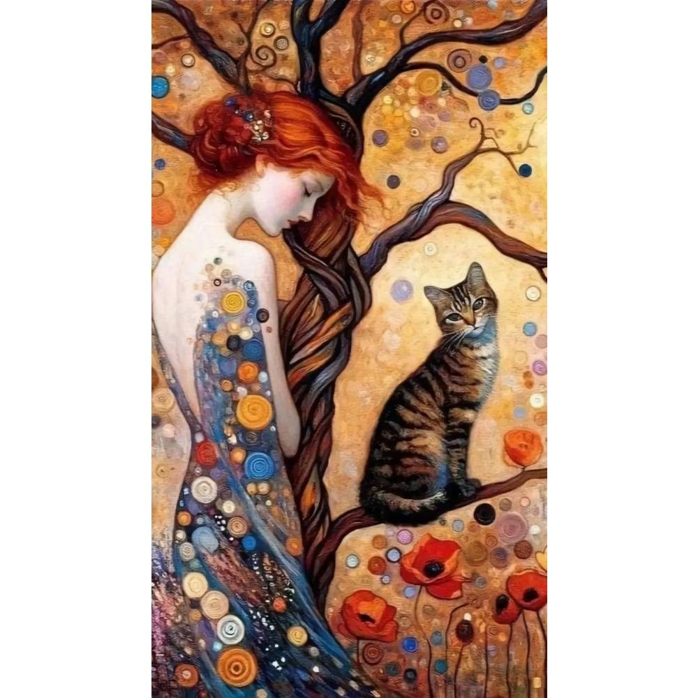 Abstract Woman And Cat Canvas Painting Wall Art Gustav Klimt Art Elegant Girl Poster Prints For Office Living Room Home Decor