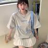 Aesthetic Vintage Short Sleeve T-shirt Women Summer Bow Elegant Loose Oversize Fashion Tops Female Grey Fashion Design Casual Pullover