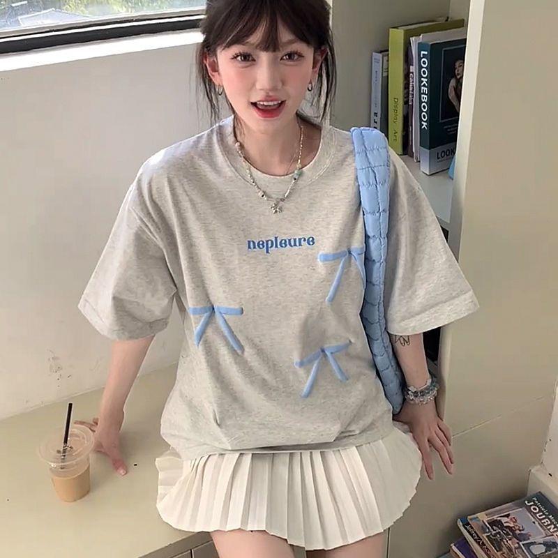 Aesthetic Vintage Short Sleeve T-shirt Women Summer Bow Elegant Loose Oversize Fashion Tops Female Grey Fashion Design Casual Pullover