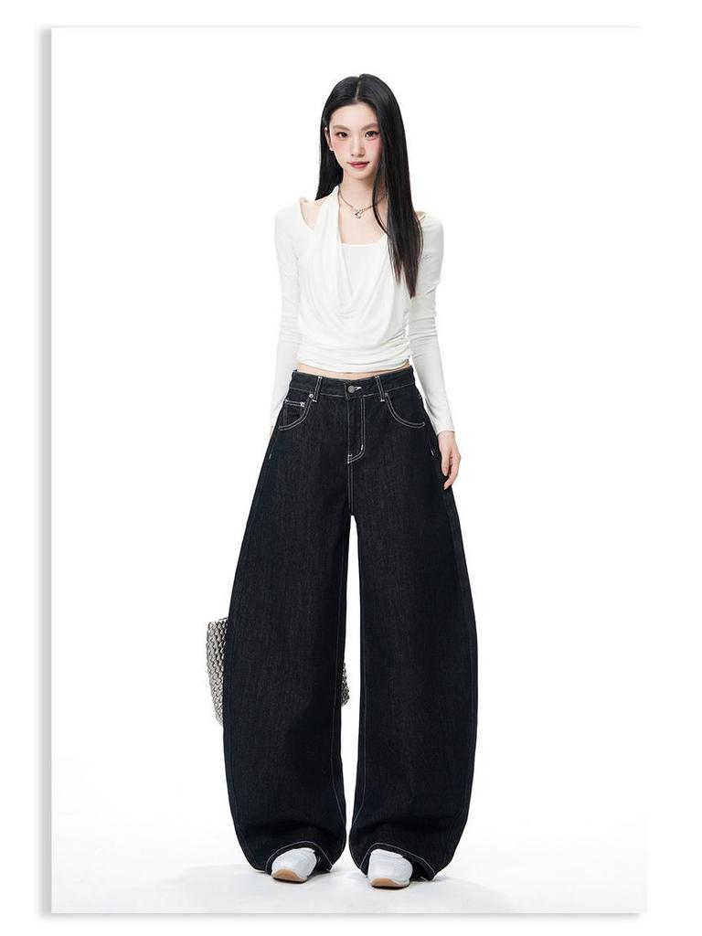 Women's Non-Sticky Wide-Leg Jeans: Spring Loose, Curved Style, Slim-Fit Pants
