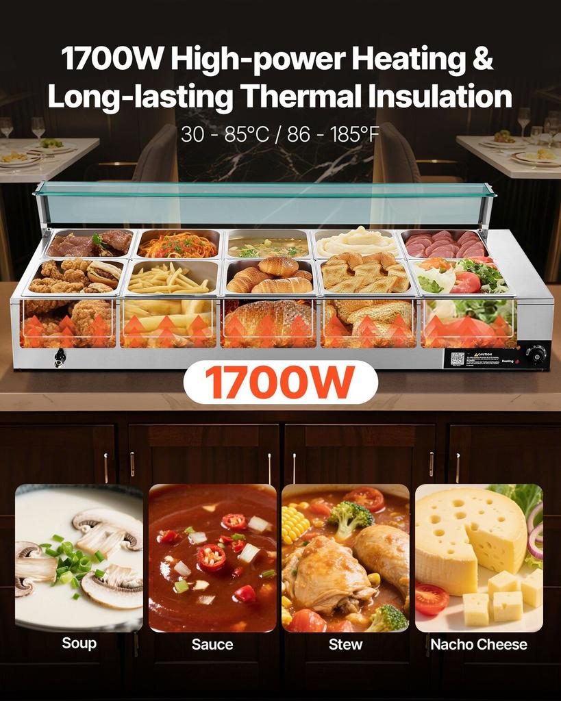Commercial Food Warmer, 1700W Electric Stainless Steel Steam Food Warmer with Glass Cover, 10-Pan Countertop Buffet Bain Marie with Soup & Perforated