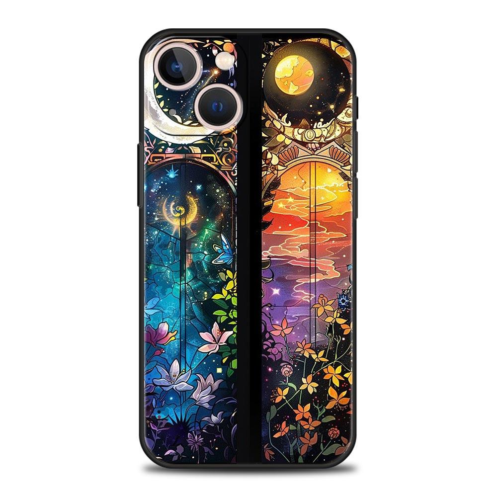 Beautiful Sun Moon Glass Phone Case Cover for iPhone 17 16 15 14 13 12 11 Pro Max 17 Air Plus Shockproof Soft TPU Shell Fundas