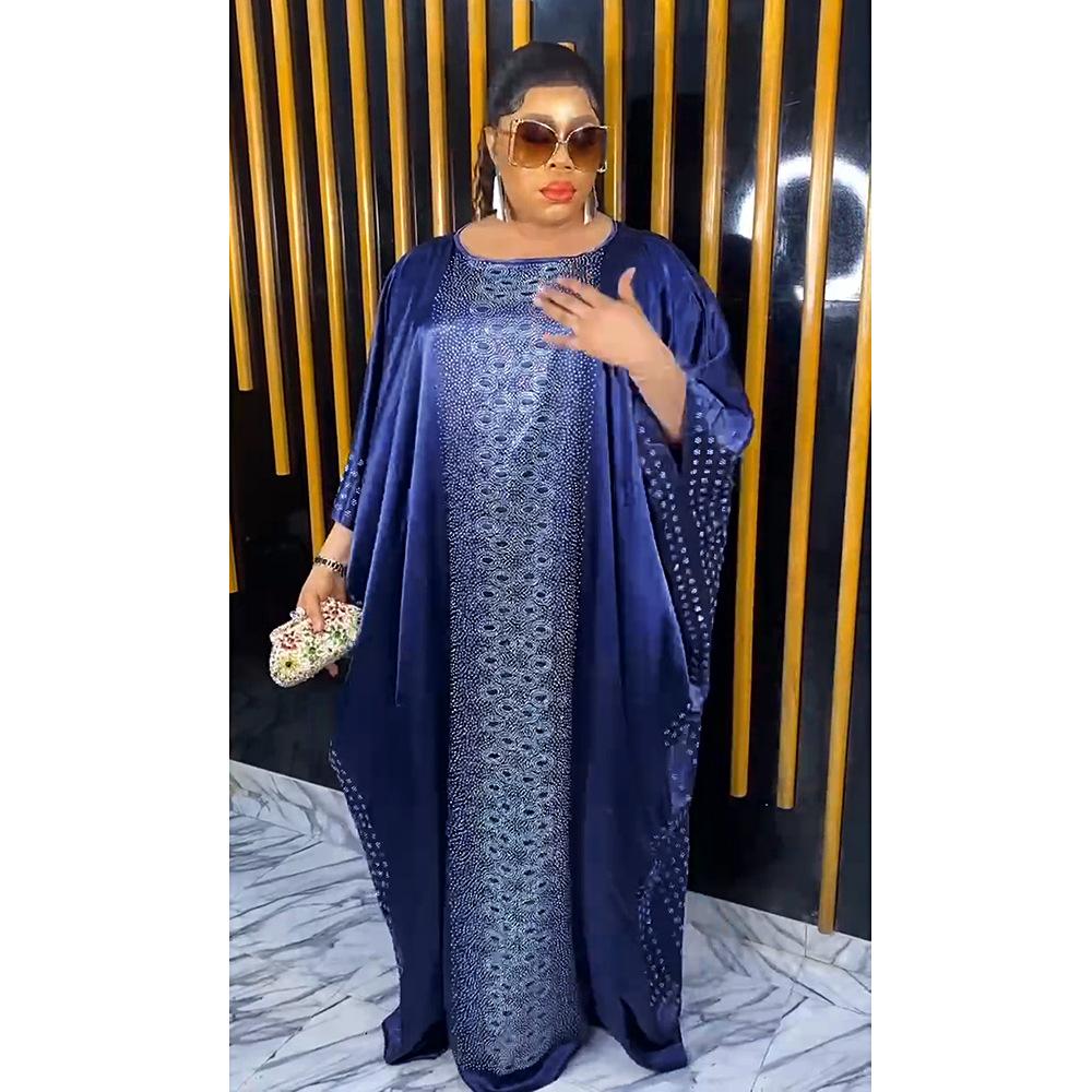 Plus Size Adjustable Belt Dresses Women's Drill Silk Satin Bat Sleeve Long Dress