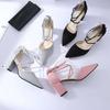2025 Spring and Summer New Hollow Sandals Cross-strap Single Shoes Versatile Pointed One-word Buckle Korean Version of Thick-heeled Women's Shoes
