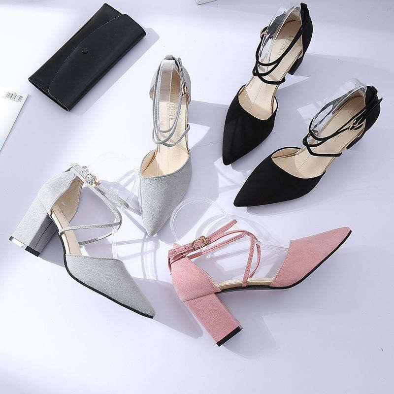 2025 Spring and Summer New Hollow Sandals Cross-strap Single Shoes Versatile Pointed One-word Buckle Korean Version of Thick-heeled Women's Shoes