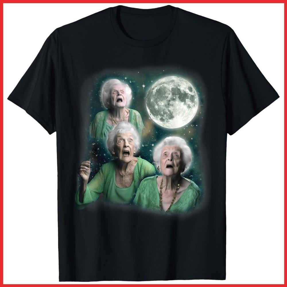 Three Granny Moon 3 Old Ladys Howling Weird Cursed Meme Black Cotton T-Shirt Unisex T-Shirt L