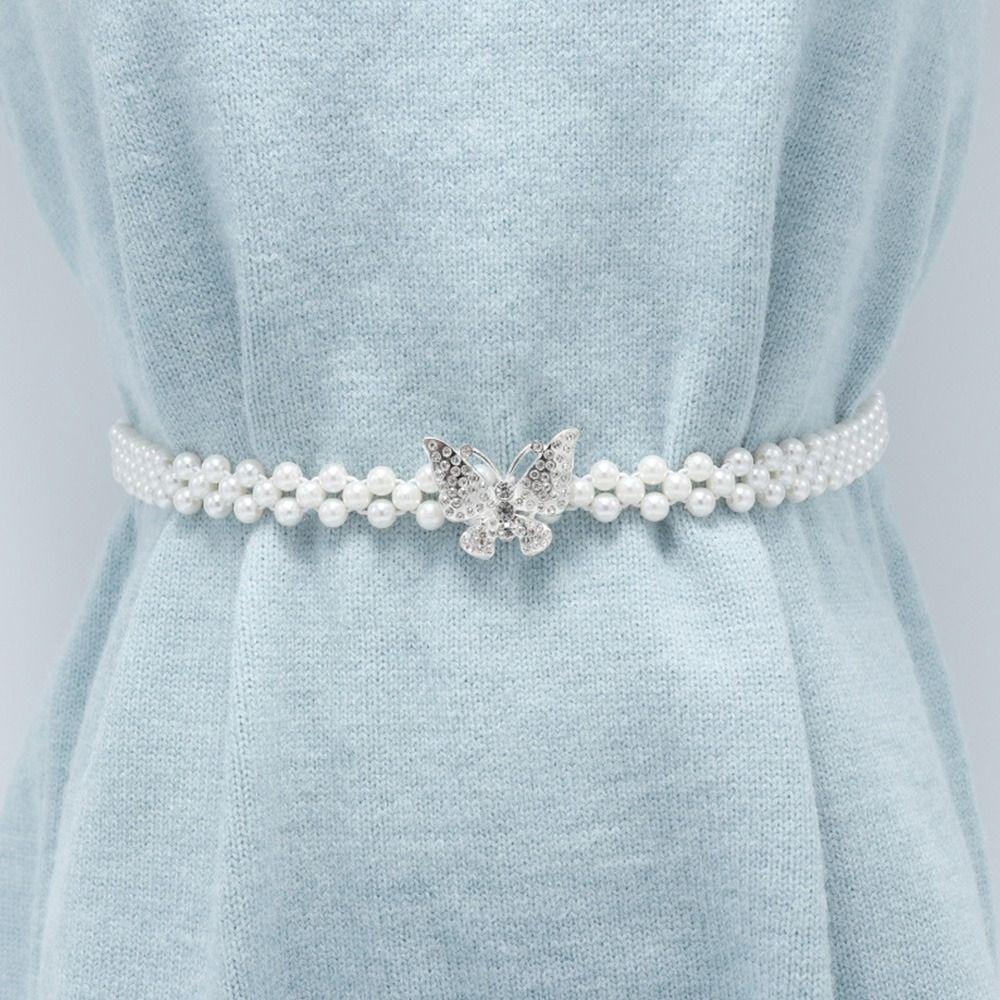 Stretch Elastic Band Pearl Waist Chain Pearl Beads Elastic Waistband Rhinestone Decor Strap Party