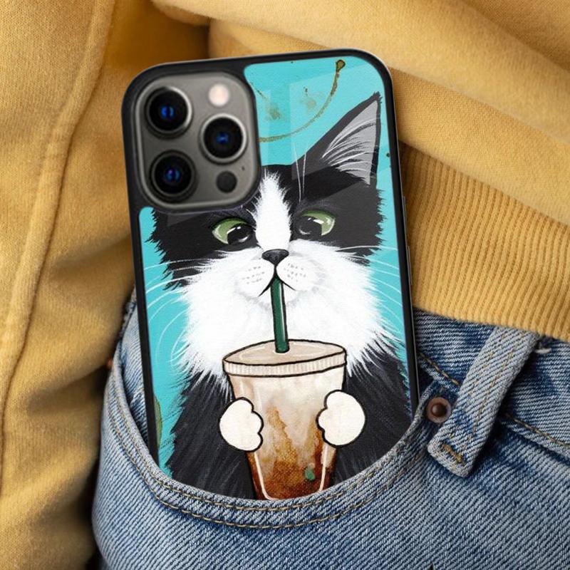 Cute Animal Cat Coffee Soft Phone Case for iPhone 17 Air 16e Pro max 15 Pro 13 14 Plus 11 12 MagSafe Magnetic Coque