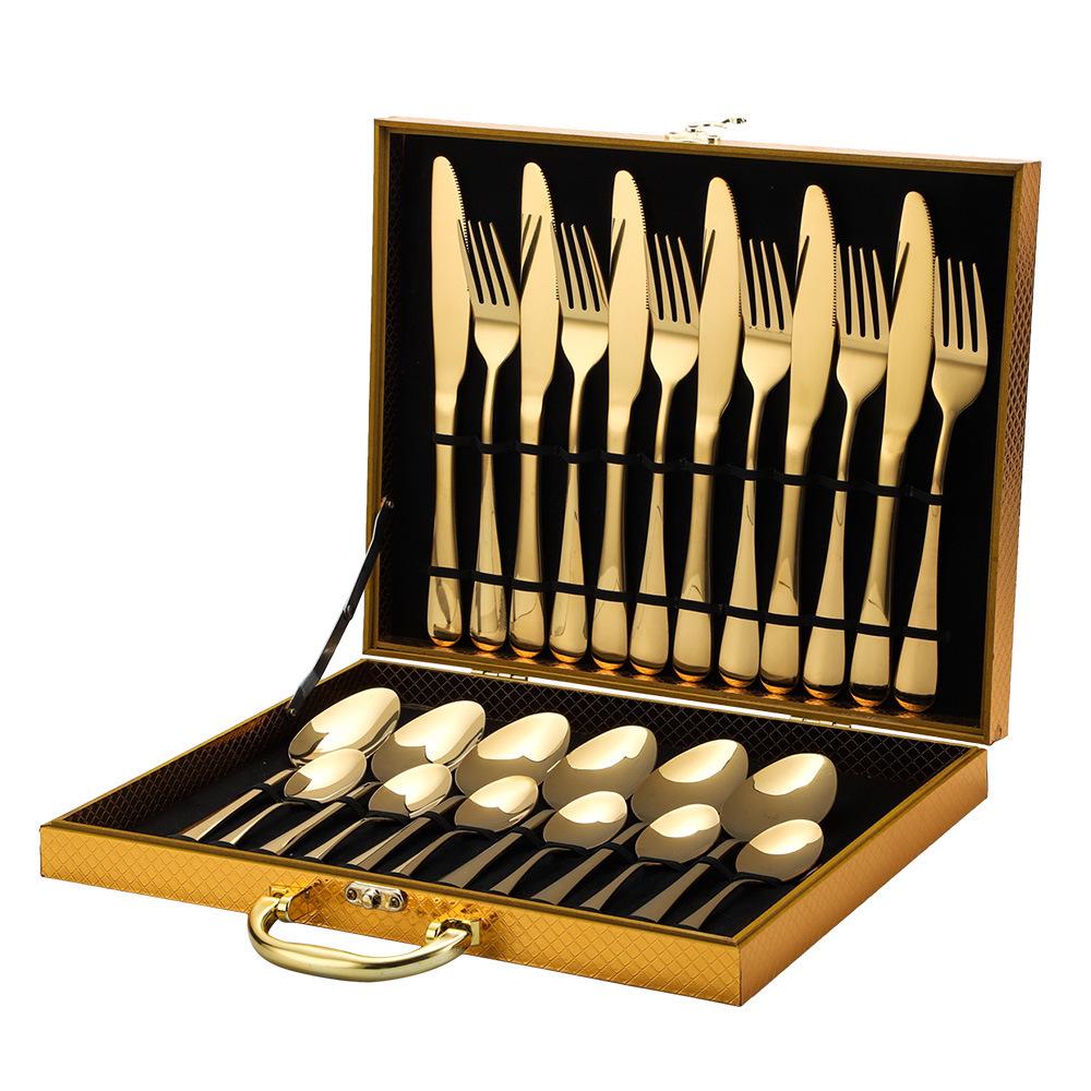 

2025 Gold Cutlery Set: 24-Piece Stainless Steel Knife, Fork, and Spoon Set with Wooden Box for Hotels and Restaurants