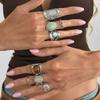 8Pcs/Set Carved Wide Band Stackable Rings Antique Silver Tone Carved Pattern Rings  Daily Match