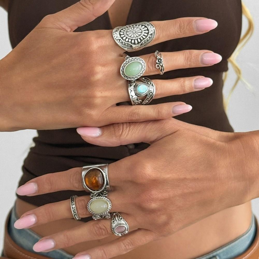 8Pcs/Set Carved Wide Band Stackable Rings Antique Silver Tone Carved Pattern Rings  Daily Match