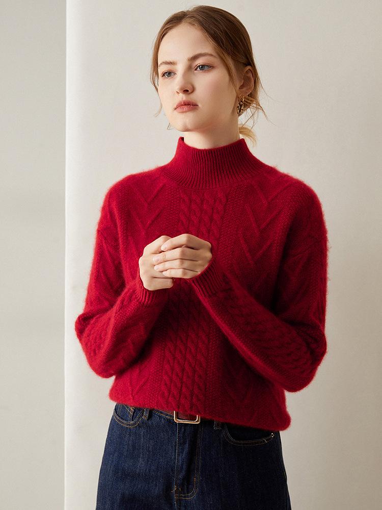 Women's Warm Thickened Cashmere Knit Sweater – Cable Design, Versatile & Skin-Friendly Long Sleeve Top