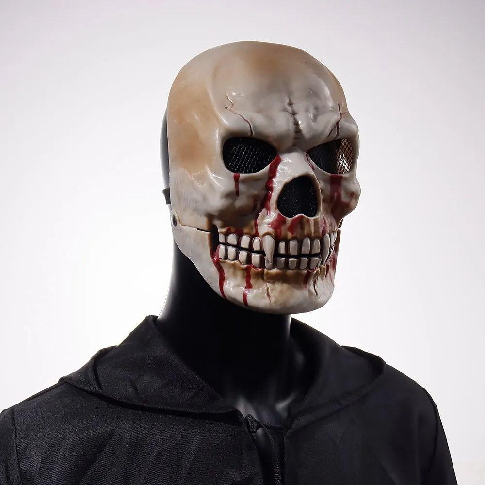 Masque de Crâne à Bouche Mobile Effet Sanglant Casque de Crâne Effrayant Réglable pour Femmes Hommes