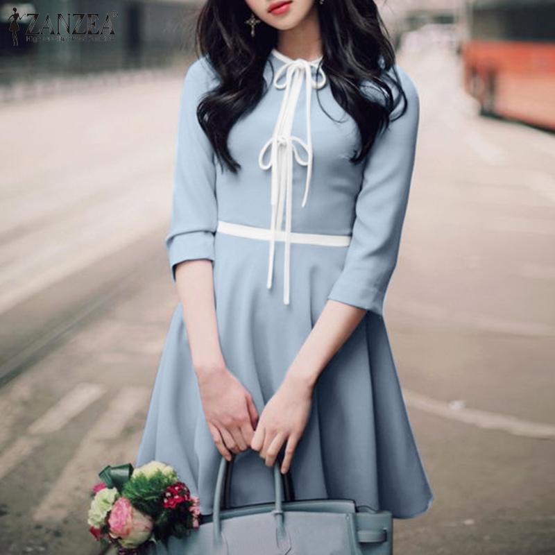 

ZANZEA женские короткие однотонные платья с круглым вырезом и рукавами 3/4, лоскутные цветные блоки, сборная талия