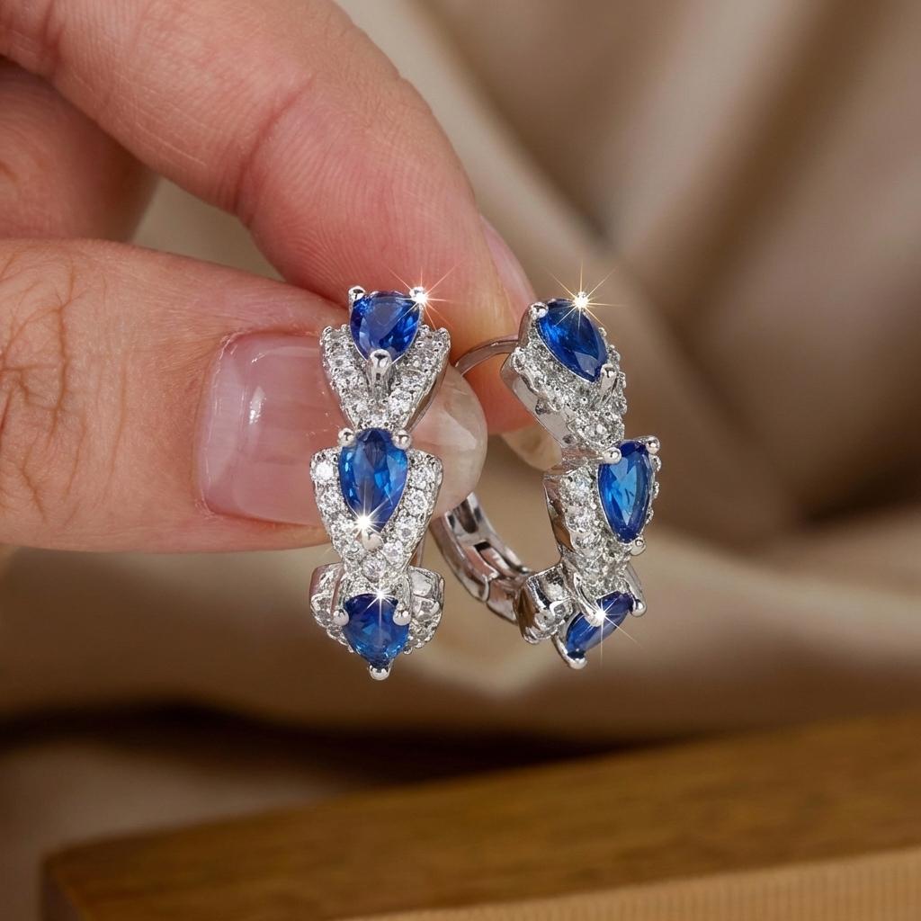 Elegant Copper Hoop Earrings For Women Blue Teardrop Cubic Zirconia Inlaid Delicate Fashion Jewelry