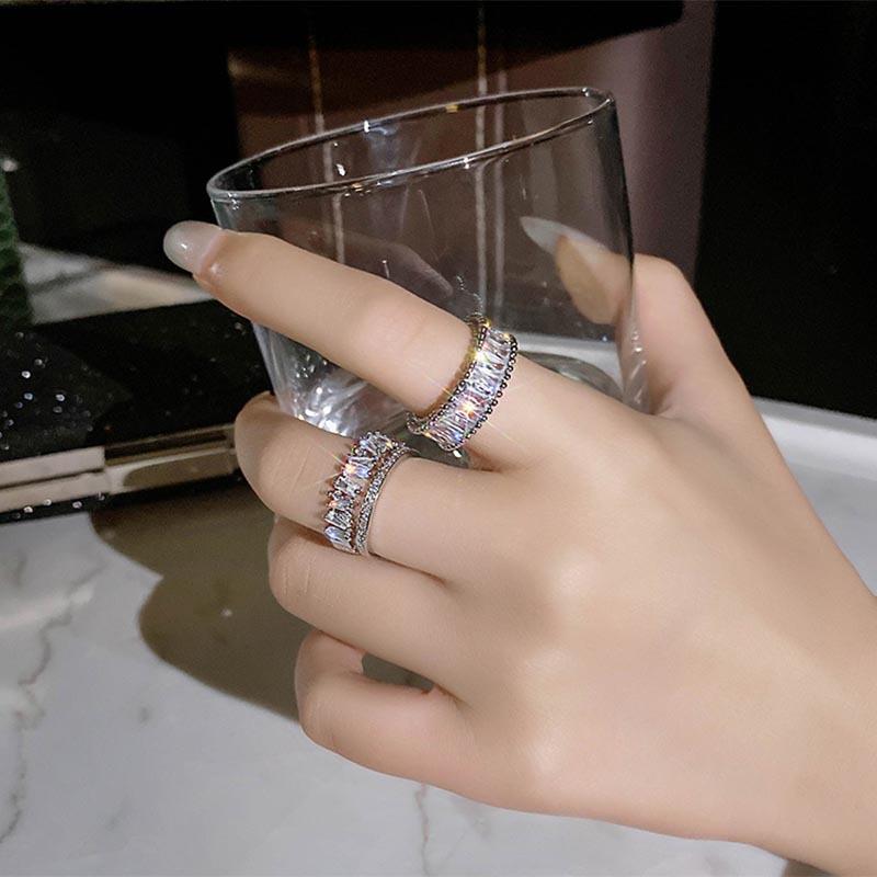 Design Sense Light Luxury Full Diamond Ring, Zircon Super Flash Row Diamond Double Layer Ring Temperament Open Woman